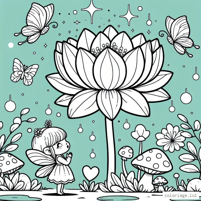 Une petite fée s'émerveille devant une magnifique fleur de lotus géante. Autour d'elle, on trouve un décor féérique avec des champignons, des papillons et des bulles lumineuses.