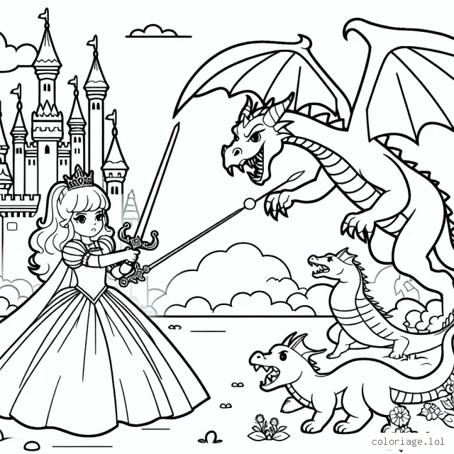 Une princesse courageuse défendant son royaume enchanté contre un dragon