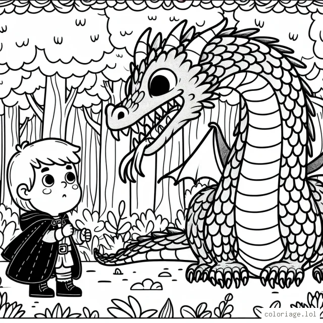 Un petit garçon courageux se tient devant un immense dragon aux écailles brillantes dans une forêt enchantée.