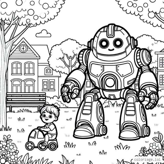 Un petit garçon et son robot géant dans le parc
