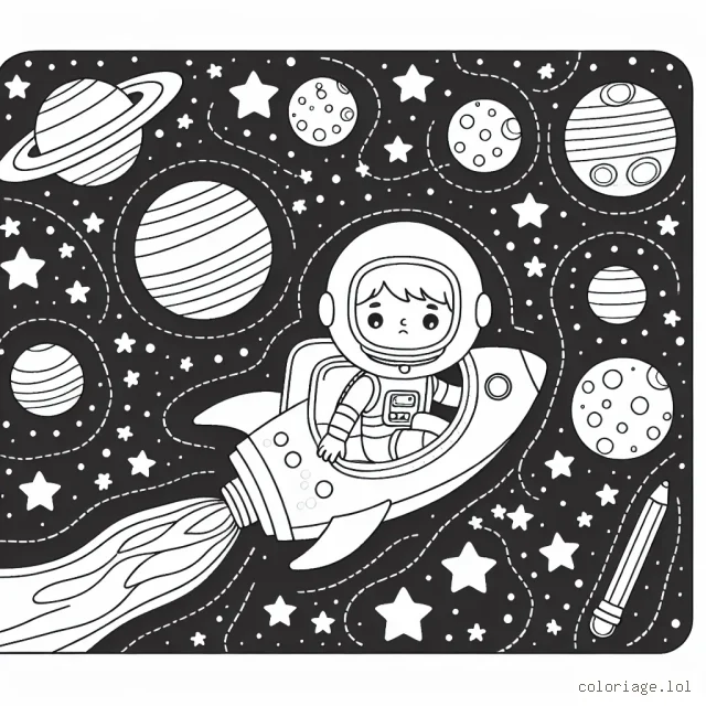 Un jeune astronaute voyageant à travers la galaxie sur un vaisseau spatial avec diverses planètes et étoiles à colorier