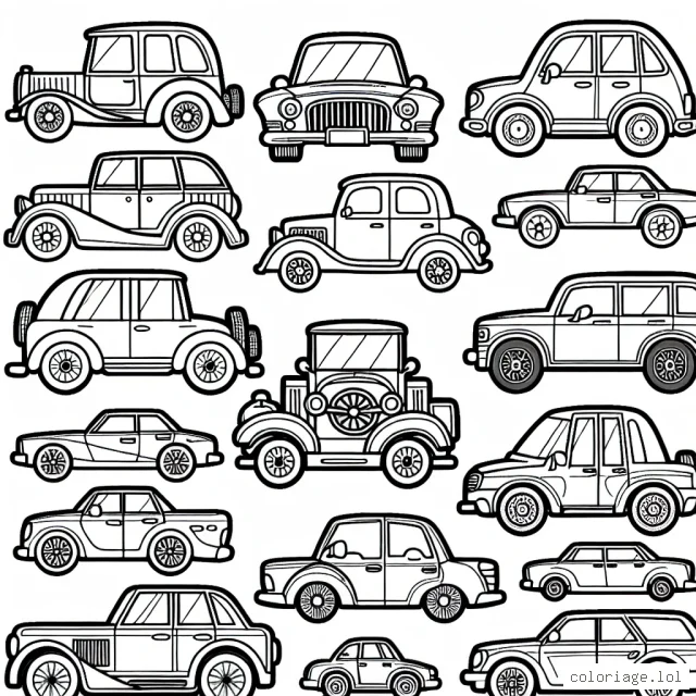Les voitures de différentes marques sont alignées. Il y a plusieurs modèles de chaque marque comme Ford, Toyota, BMW, etc. Chaque voiture est unique en termes de forme, taille et style. Les enfants peuvent ajouter des couleurs à ces voitures en utilisant leurs crayons de couleur.