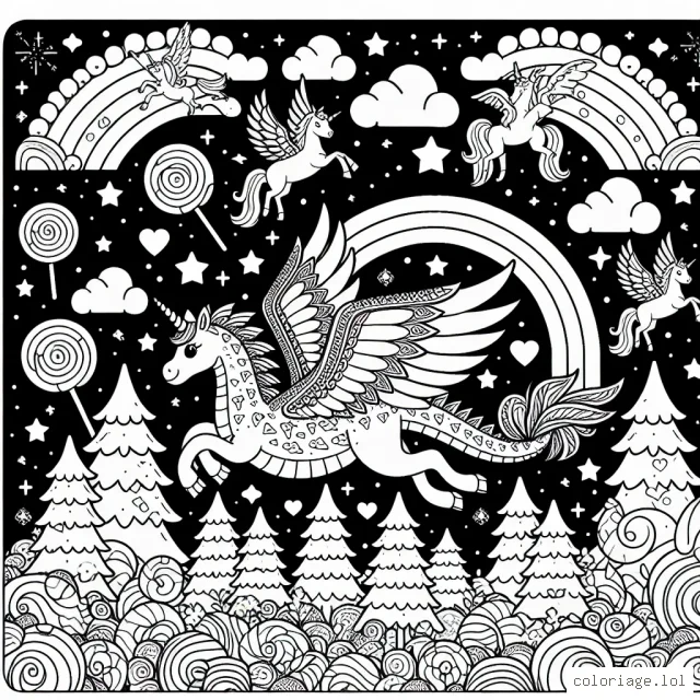 Un dragon licorne arc-en-ciel volant au-dessus d'une forêt de bonbons avec des licornes volantes, des arcs-en-ciel et des étoiles scintillantes