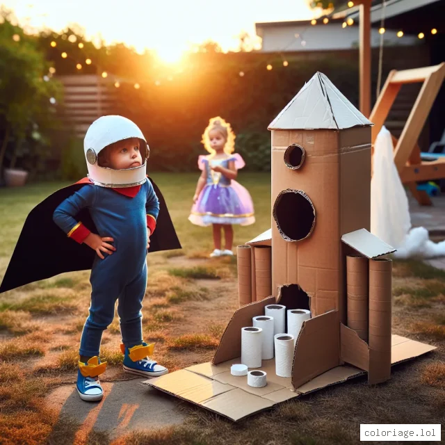 Un petit garçon se tient fièrement à côté de son vaisseau spatial récemment construit à l'aide de boîtes en carton, de rouleaux de papier toilette et de beaucoup d'imagination. Il porte un casque de cosmonaute en papier mâché, une cape de super-héros dans le dos. Le vaisseau est prêt pour le lancement, la rampe de lancement est animée de lumières clignotantes. Un peu plus loin, sa petite sœur le regarde avec admiration, vêtue d'une robe de princesse et tenant une baguette magique. Le soleil se couche doucement, illuminant le jardin d'une douce lumière.