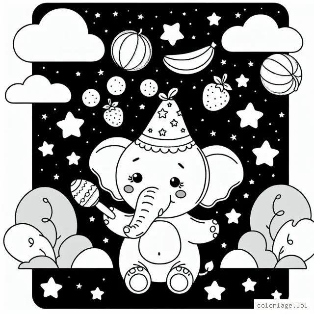 Un éléphant mignon porte un chapeau plein d'étoiles en jonglant avec des fruits colorés sous le ciel étoilé de la nuit.