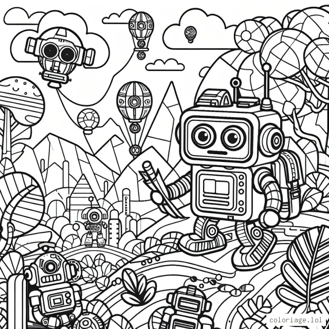 Une scène vibrante avec des robots dans une jungle mécanique, intégrant des arbres robotiques, des animaux automatisés et un paysage à la fois technologique et organique. Le centre d'attention est un petit robot courageux qui va à l'aventure avec son sac à dos, son chapeau d’explorateur et une carte pour se diriger.
