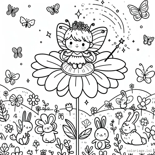 Sur la page de coloriage, tu trouveras une adorable petite fée aux ailes de papillon assise sur une fleur géante. Le paysage regorge de petites créatures adorables, y compris des papillons, des lapins, et des oiseaux bleus. La fée tient une baguette magique qui émet des paillettes.