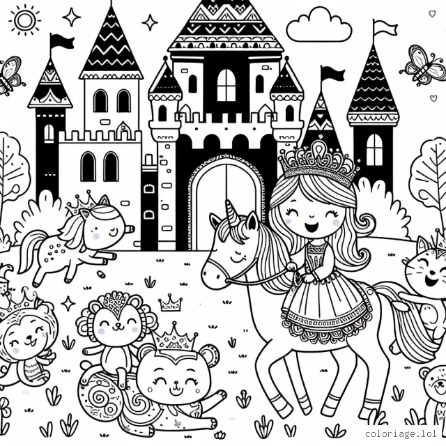 Une princesse joyeuse joue avec ses amis animaux dans un grand château coloré