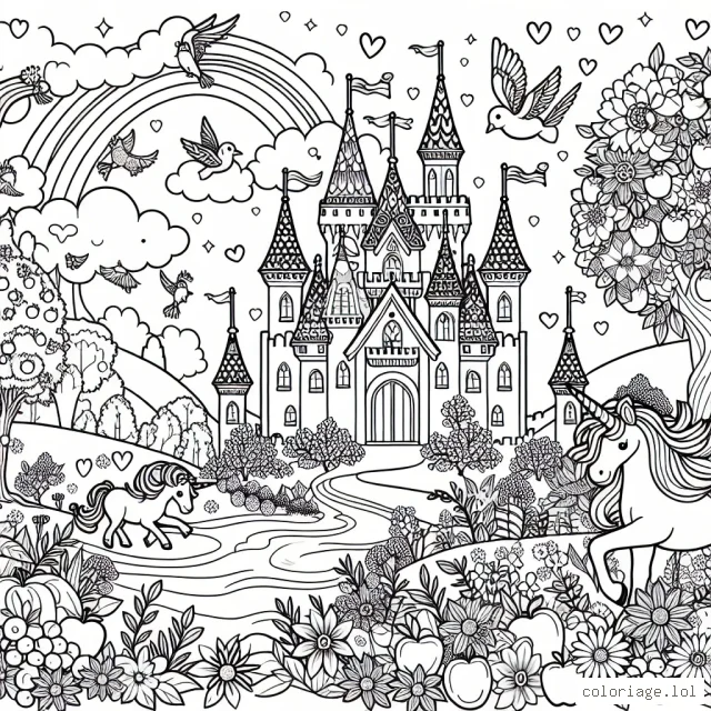 Un magnifique château féerique dans un monde enchanteur peuplé de licornes et de petites fées. Le château est entouré de belles fleurs multicolores, d'arbres fruitiers et d'un arc-en-ciel. Dans le ciel volent de majestueux oiseaux et flottent de douces nuages. Aide à donner vie à cette image en la remplissant de couleurs.