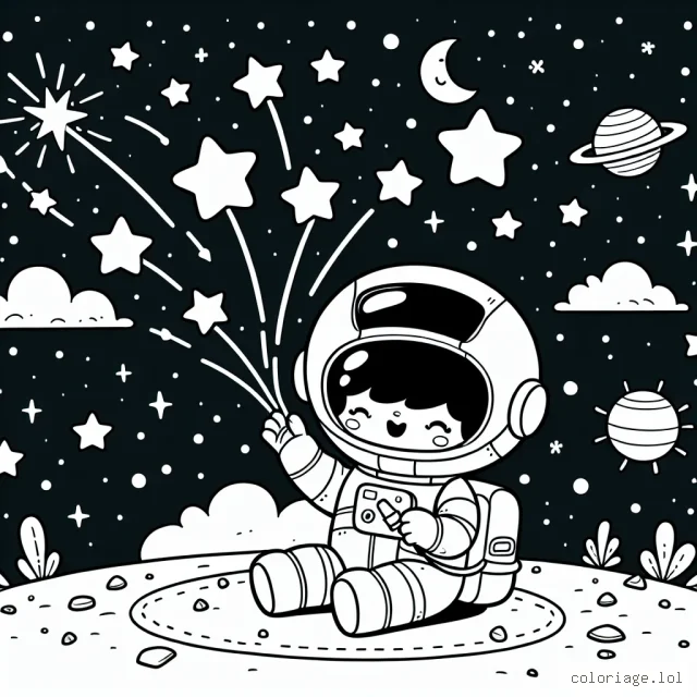 Dessine un astronaute jouant avec des étoiles filantes dans l'espace.