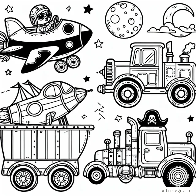 Un dessin de coloriage pour enfants représentant des véhicules fantastiques et imaginatifs, tels qu'une voiture volante, un camion pirate et un bateau spatial.
