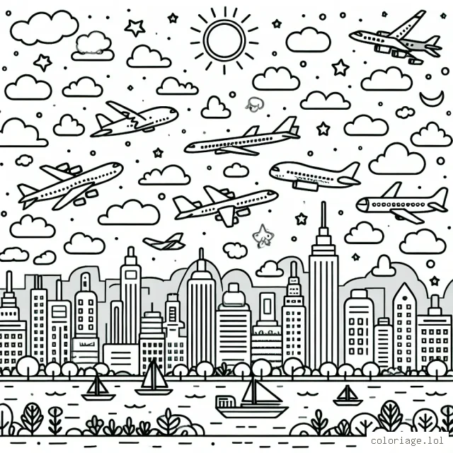 Un ciel animé avec divers types d'avions survolant une ville animée