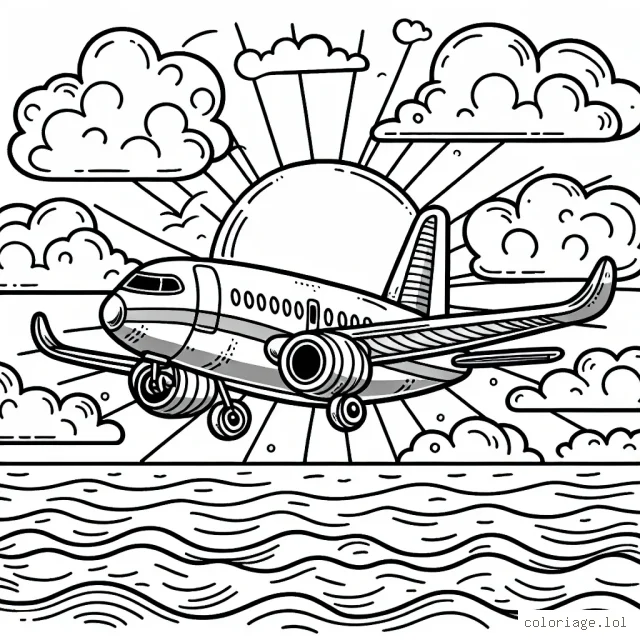 Dans la scène présentée, il y a un avion survolant l'océan avec un coucher de soleil en arrière-plan. L'avion est détaillé et offre de nombreux espaces à colorier, comme la carlingue, les ailes, etc. Il y a aussi des nuages dans le ciel qui peuvent être colorés pour ajouter de la profondeur à l'image.