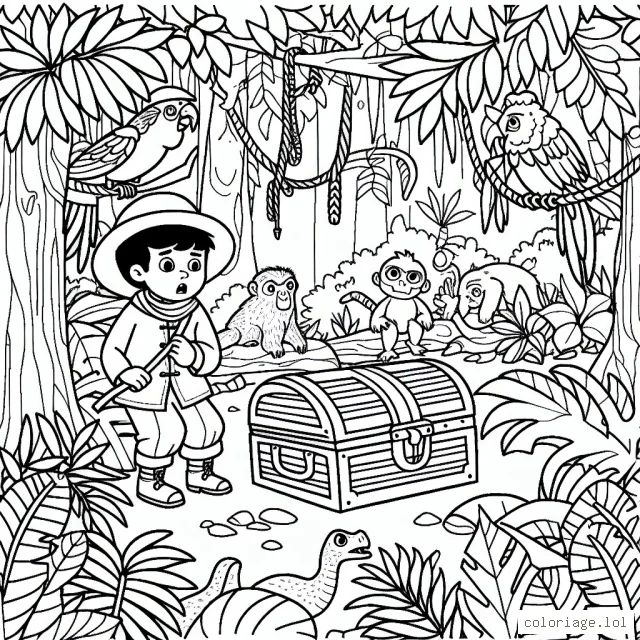 Une scène d'aventure en pleine jungle avec un jeune explorateur courageux, des animaux de la jungle et un trésor caché.