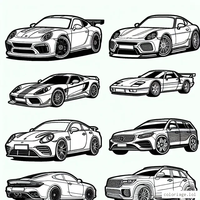 Montre ton amour pour les voitures en les coloriant par marque. Que préfères-tu, une Ferrari rouge, une BMW bleue ou une Mercedes-Benz verte ? Il est temps de faire briller ces voitures avec tes couleurs préférées !