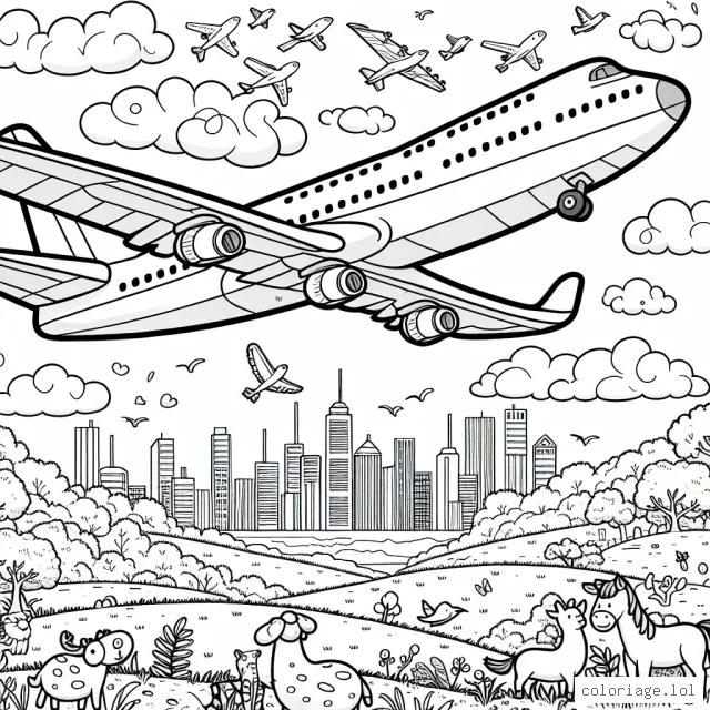 Dessine un avion passant au-dessus de la campagne, avec des animaux qui regardent le ciel émerveillés. L'avion doit être grand et détaillé, avec des passagers à l'intérieur. À l'arrière-plan, dessine une ville avec des gratte-ciels. Le ciel doit être rempli de nuages et d'oiseaux volant près de l'avion.