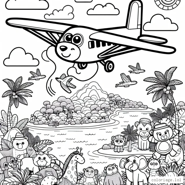 Dessine un avion survolant une île tropicale avec des animaux exotiques au sol.