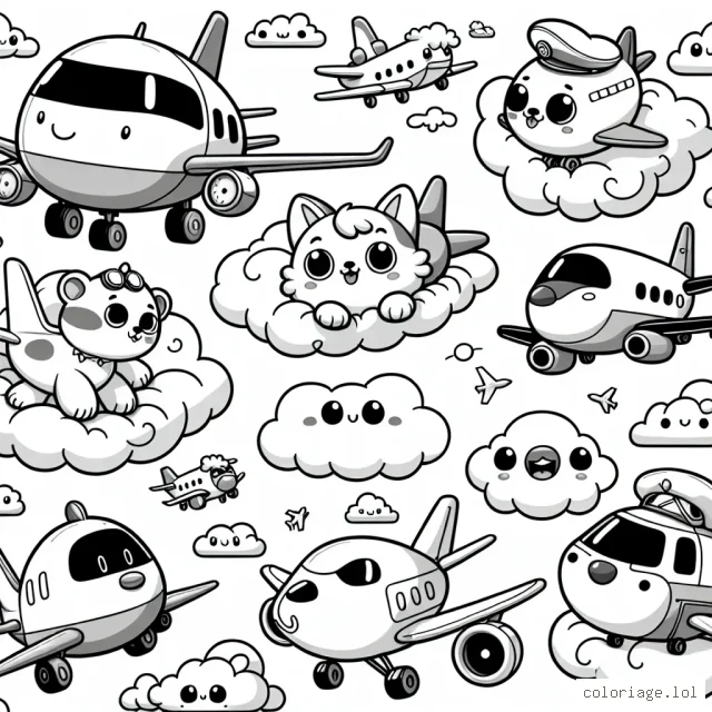 Imagine un monde où les avions sont des personnages vivant dans les nuages. Certains d'entre eux sont passagers, d'autres sont militaires, certains sont petits et rapides tandis que d'autres sont énormes et transportent de lourdes charges. Dessine et colore ces avions dans leur monde au-delà des nuages.