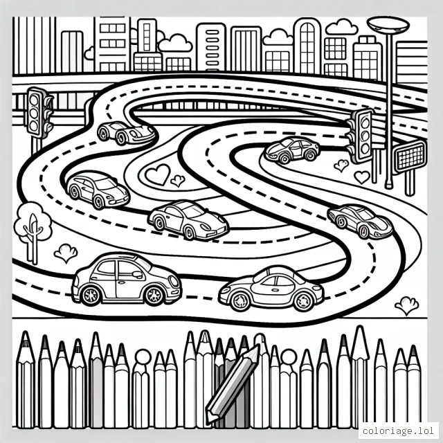 Nous allons dessiner et colorier un circuit animé avec différentes voitures très élégantes et joyeuses. Il y aura aussi des panneaux de signalisation et des paysages urbains pour créer une scène vivante et passionnante.