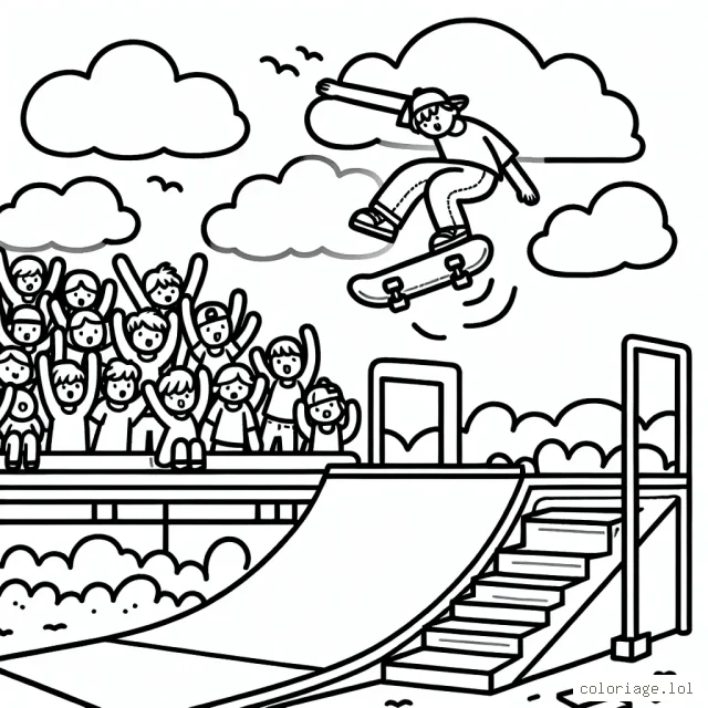 Un énorme saut en skateboard sur la rampe d'un skate parc, avec un public enthousiaste et impressionné à regarder la scène. Un grand ciel avec des nuages flottants complète le paysage.
