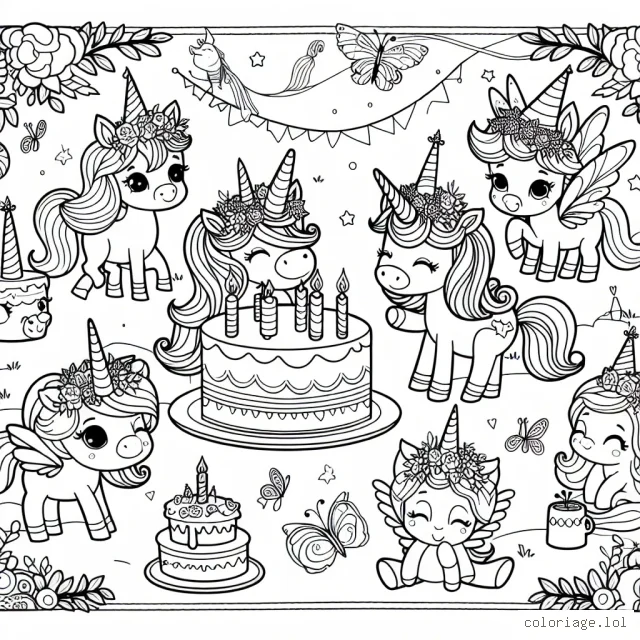 C'est l'anniversaire de la petite licorne magique au royaume des fées. Tous les habitants du royaume sont venus pour célébrer. Peux-tu ajouté des couleurs à la fête ? Ne manque pas d'imagination et d'amour en ajoutant ta touche personnelle !