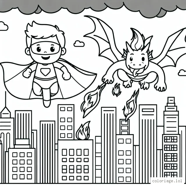 Un super-héros vole au-dessus de la ville en combattant un dragon cracheur de feu.