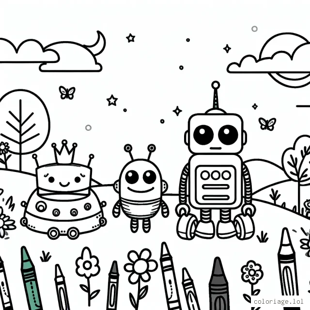 Il était une fois dans une contrée éloignée, trois petits robots très rigolos : un rouge, un bleu et un vert. Ils passent leurs journées à explorer les coins cachés de leurs jardins, cherchant toujours de nouvelles aventures. Aide-les à remplir leurs vies avec des couleurs en utilisant tes crayons.