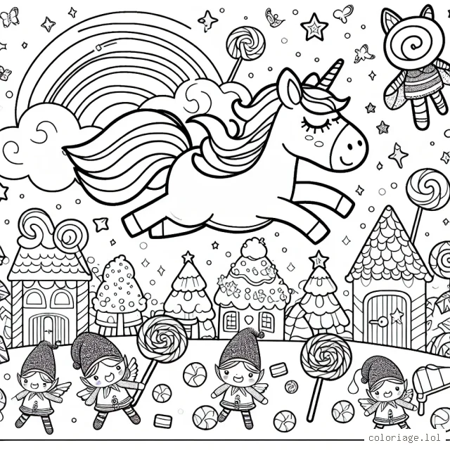 Une licorne survole un pays des bonbons peuplé de petits lutins espiègles