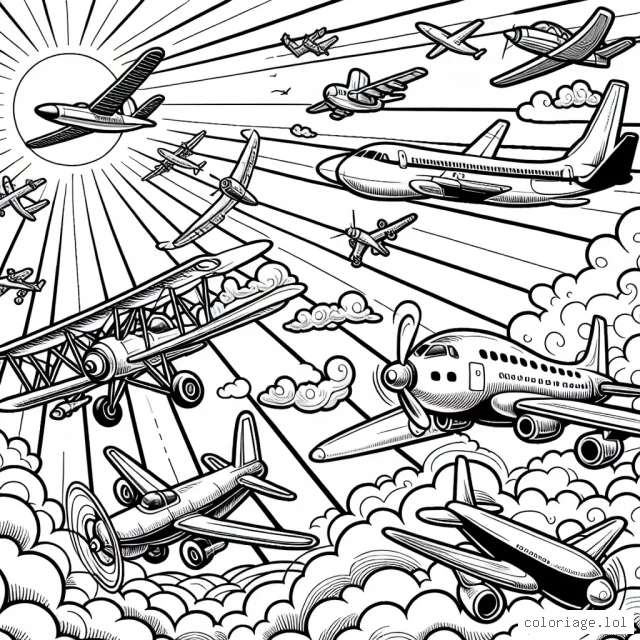 Imagine un superbe ciel bleu rempli d'avions divers et variés volant au-dessus de la terre. Ces avions peuvent être des biplans d'époque, des avions modernes ou même des avions futuristes. Cela peut inclure des jets privés, des avions à hélice, des avions de chasse ou des avions commerciaux de passagers. Imagine également de belles nuages, le soleil brillant et des oiseaux volant avec les avions dans le ciel.