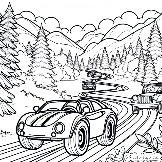 Imagine et réalise un coloriage mettant en scène une course épique de voitures sur un circuit sinueux entouré d'une végétation luxuriante.