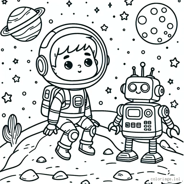 Un petit garçon astronaute est en train d'explorer une planète inconnue avec son robot.