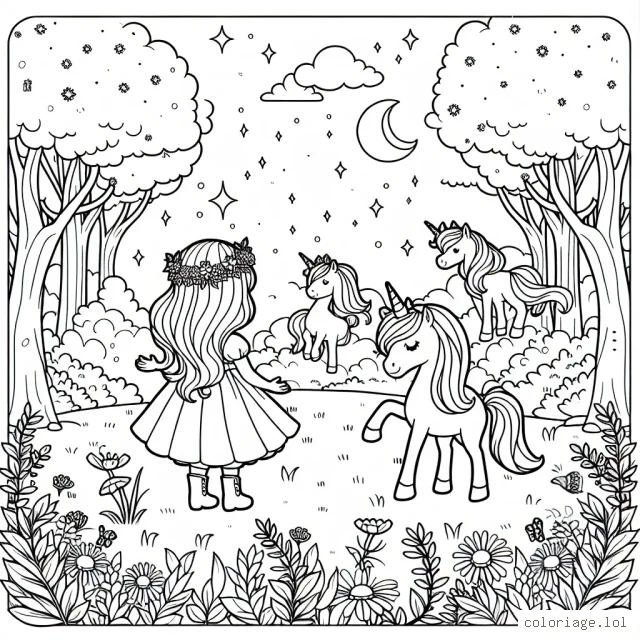 Une jeune princesse joue avec des licornes magiques dans un jardin enchanté