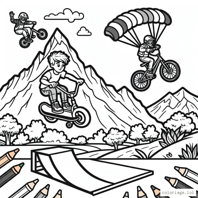 Un garçon en pleine action sur sa planche de skateboard fait un saut impressionnant au-dessus d'une rampe dans un skatepark. A l'arrière-plan, on voit une fille courageuse descendre une montagne abrupte sur son vélo de montagne. Tout en haut, une personne avec un parachute fait du base jump depuis un sommet escarpé.