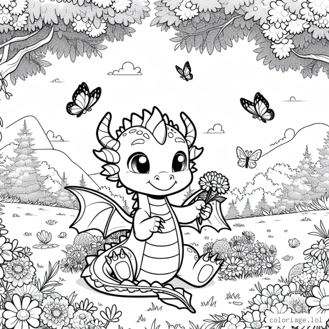 Un gentil dragon cracheur de feux, jouant avec des papillons sur une prairie fleurie, pendant une belle journée d'été.