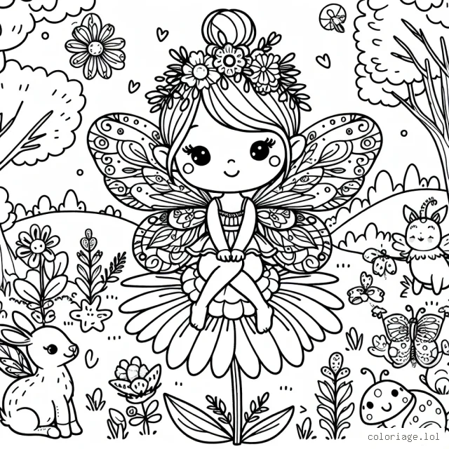 Imagine et colorie une scène féerique montrant une petite fée aux ailes joliment décorées, assise sur une fleur dans une prairie enchantée, entourée de ses amis animaux.