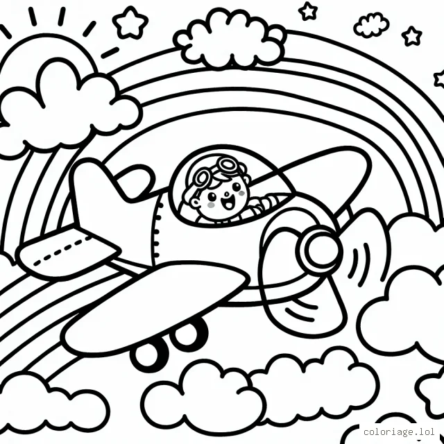 Imagine un avion volant parmi les nuages, avec un pilote souriant à travers le cockpit. L'avion traverse un arc-en-ciel coloré dans le ciel bleu.
