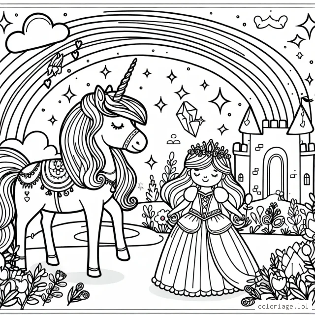Un magnifique royaume féerique avec une princesse, son cheval licorne et un arc-en-ciel magique