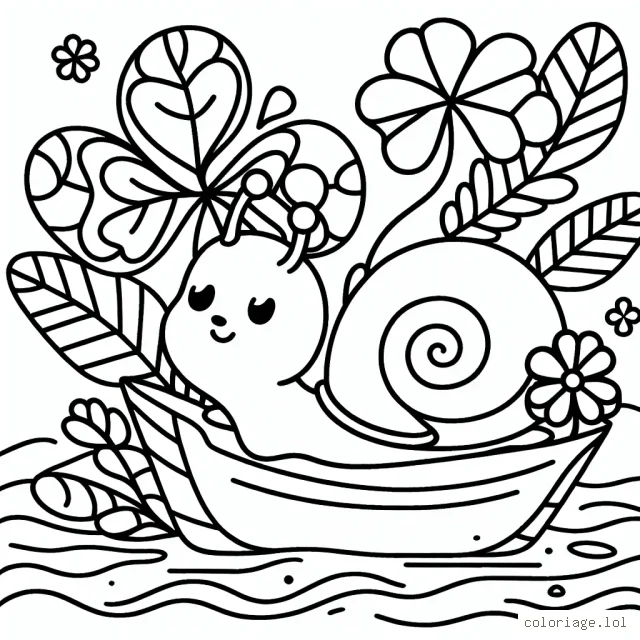 Un petit escargot navigue sur une feuille de trèfle à quatre feuilles dans la brume matinale