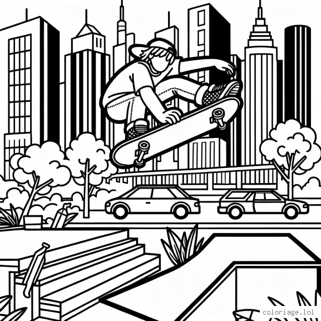 Un grand saut en skateboard au-dessus d'une rampe avec un paysage urbain en arrière-plan