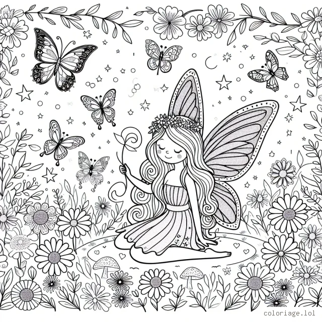 Dessine une fée magique entourée de nombreuses fleurs et papillons dans une forêt enchantée.