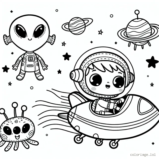Un petit explorateur courageux navigue dans l'espace avec son vaisseau spatial. Il rencontre de nombreux amis extraterrestres en chemin. Peux-tu les aider à apporter plus de couleurs à leur aventure ?