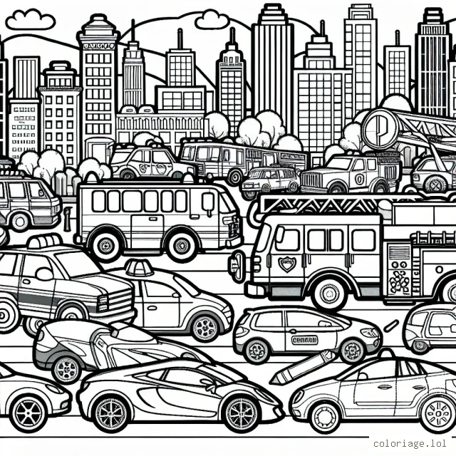 Imagine toi en train de colorier un paysage urbain bondé avec une variété de voitures. Du petit coupé sportif rouge à l'énorme camion de pompiers en passant par le bus scolaire jaune et le taxi vert, chaque véhicule a sa propre nuance vibrante. N'oublie pas d'ajouter de la couleur aux immeubles et aux rues pour rendre le paysage encore plus vivant!