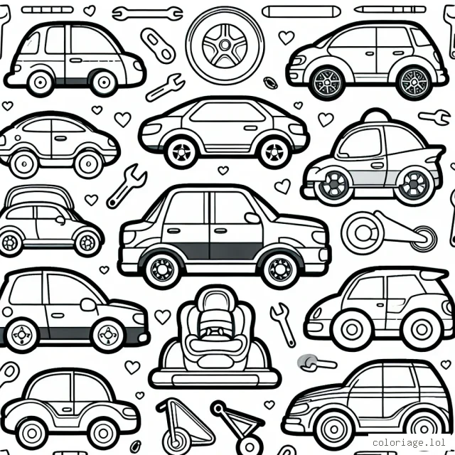 Colorie les voitures de différentes marques telles que Toyota, BMW, Mercedes, Ford et Ferrari du livre !