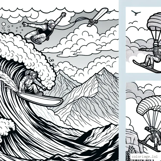 Vois-tu un surfeur chevauchant une grande vague, un skieur en train de dévaler une montagne abrupte, un skateboarder effectuant un saut impressionnant au-dessus d'une rampe et un parachutiste sautant d'une falaise de haut en bas ? Montre tes talents de coloration et fais le vivant avec tes couleurs préférées.