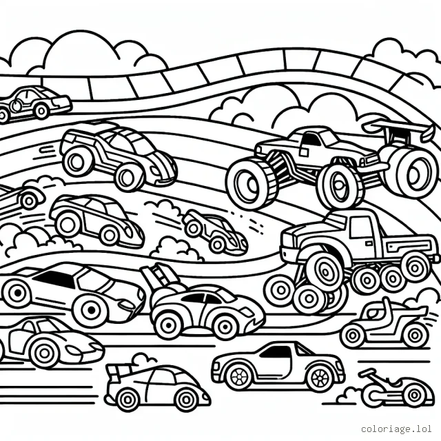 Dessine une grande course de voitures avec plein de véhicules différents s'affrontant sur une piste remplie de virages et de sauts
