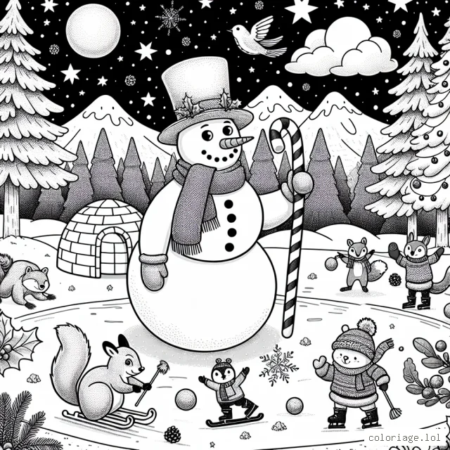 Imagine un paysage d'hiver fantastique avec un grand bonhomme de neige portant un haut-de-forme, une écharpe et des bottes en fourrure. Il tient une canne à sucre comme bâton. Tout autour de lui, des animaux de la forêt jouent dans la neige. Il y a un renard roux qui fait du patin à glace, des écureuils qui lancent des boules de neige, un lapin qui construit un petit igloo et des oiseaux qui décorent un sapin de Noël avec des baies et du houx. En arrière-plan, une montagne enneigée soutient le magnifique ciel étoilé.
