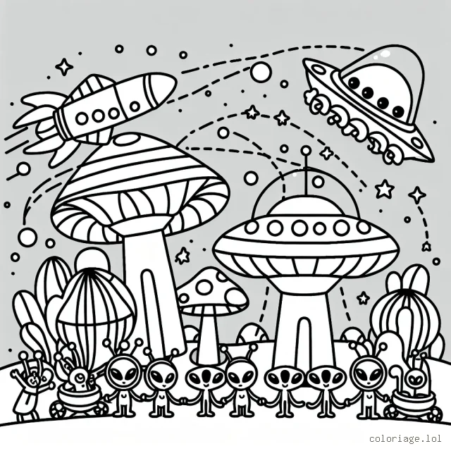Sur une planète lointaine, une famille d'extraterrestres rigolo se prépare pour le grand carnaval intergalactique. Dessine leur maison en forme de champignon, les extraterrestres avec leurs costumes colorés et le défilé des vaisseaux spatiaux !