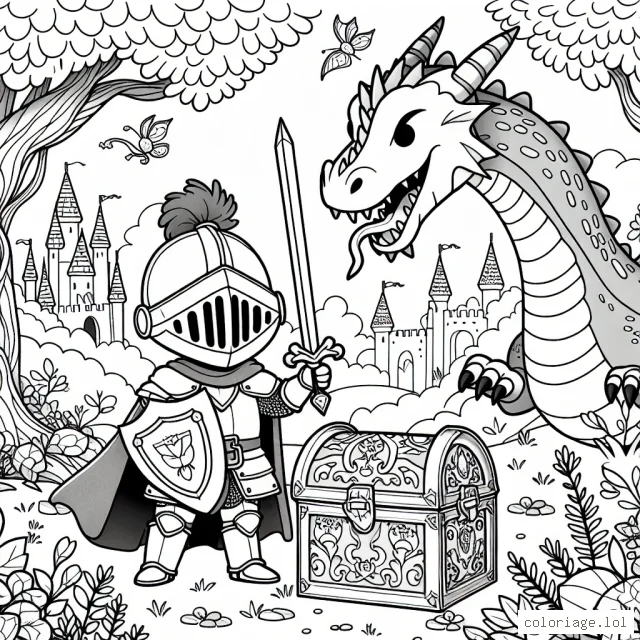 Un jeune chevalier protégeant un trésor d'un dragon féroce dans un royaume enchanté