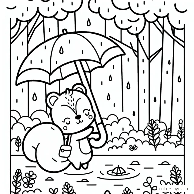Un petit écureuil tenant un parapluie, jouant sous la pluie dans la forêt