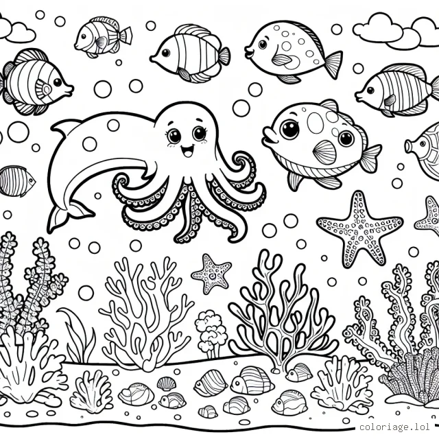 Imagine un monde sous-marin merveilleux, rempli de créatures marines amusantes. Pense à des poissons colorés, des dauphins souriants, un poulpe à huit bras, une tortue de mer vénérable, des étoiles de mer et des mollusques exotiques. N'oublie pas les châteaux de corail et les forêts d'algues !